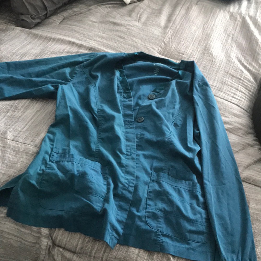 Caribbean Blue Button Scrub Jacket with 4 Pockets